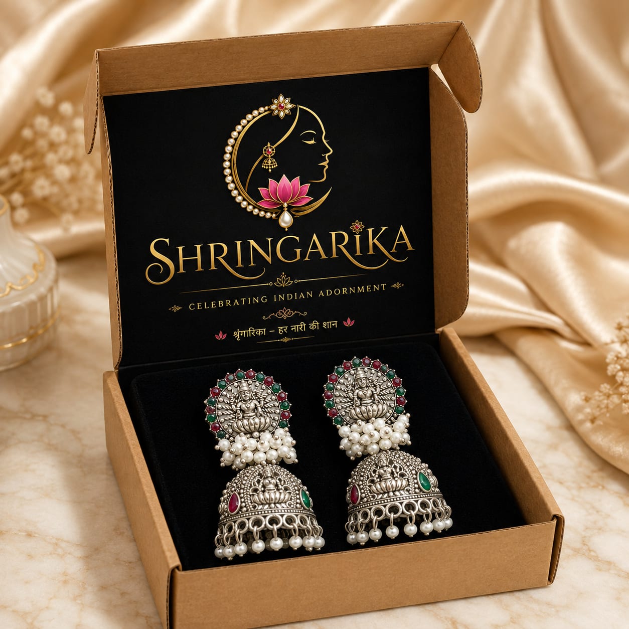 Shringarika Divine Lakshmi Ji Oxidised Silver-Tone Temple Jhumka Earrings with Pearls, thumbnail 3