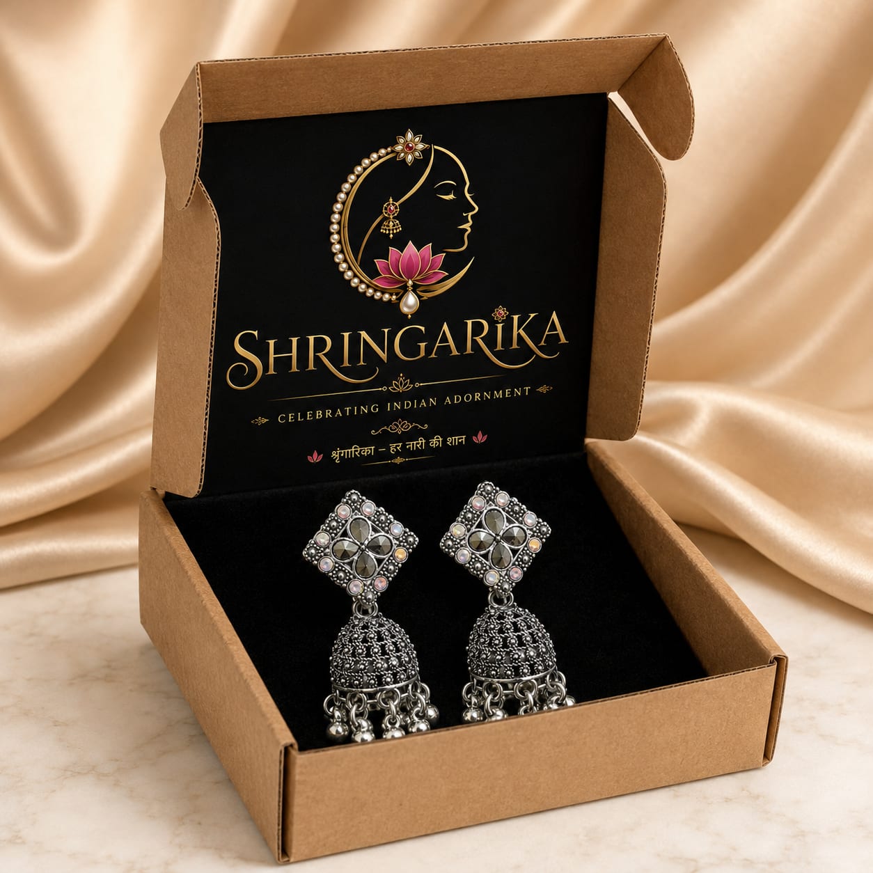 Oxidised Silver Floral Crystal Jhumka Earrings | Shringarika, thumbnail 4