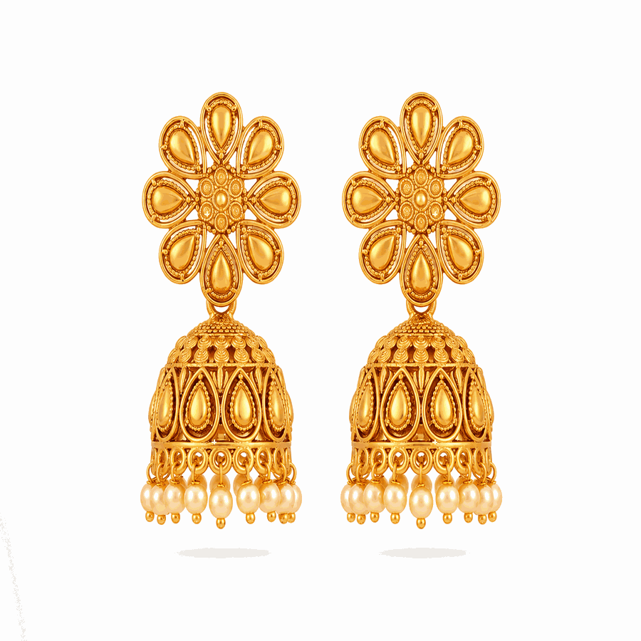 Gold Plated Floral Jhumka Earrings for Women & Girls | Traditional Ethnic Pearl Drop Earrings | 1 Pair — wholesale price India