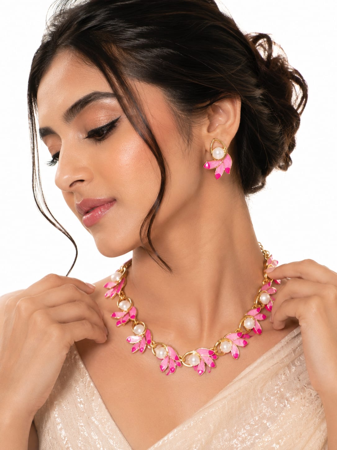 Shringarika Pink Leaf Pearl-Style Gold-Tone Necklace Set, thumbnail 2