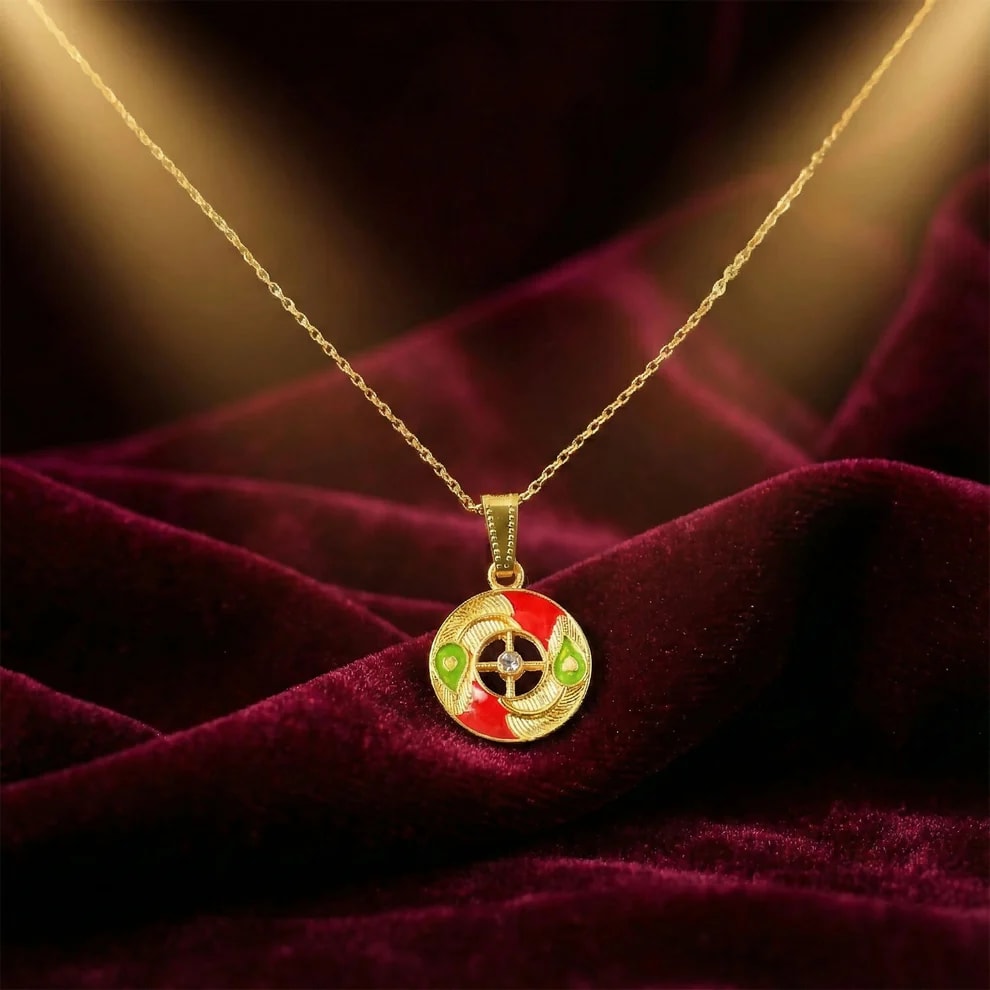 Gold Plated Round Enamel Pendant Necklace for Women & Girls | Designer Circular Charm Chain | Lightweight Daily Wear Fashion Jewelry, thumbnail 3