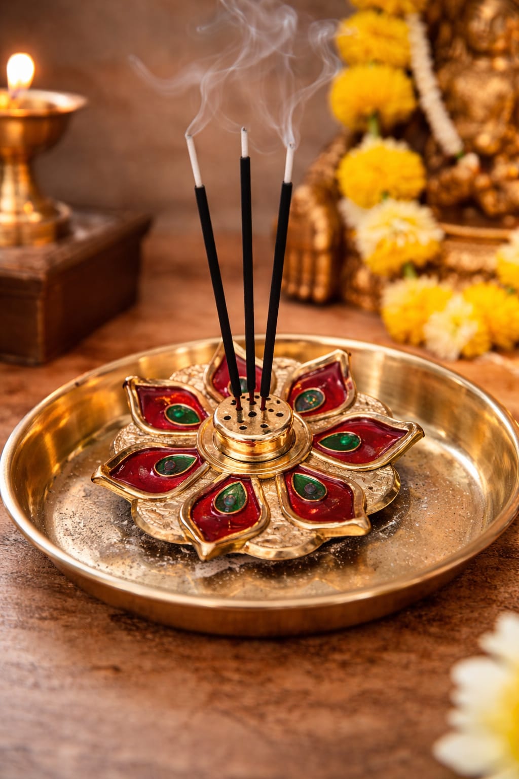 Decorative Agarbatti Stand Holder for Pooja | Floral Incense Stick Burner | Metal Finish Ash Catcher | Home Temple Accessory | Pack of 2, thumbnail 3