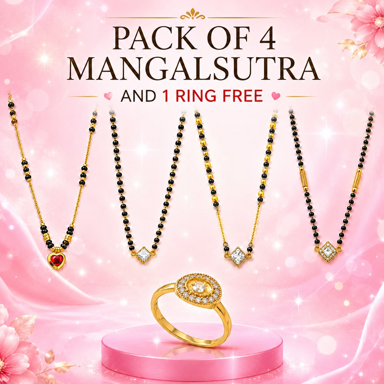 Pack of 4 Traditional Mangalsutra Combo with 1 Free Ring for Women, thumbnail 2
