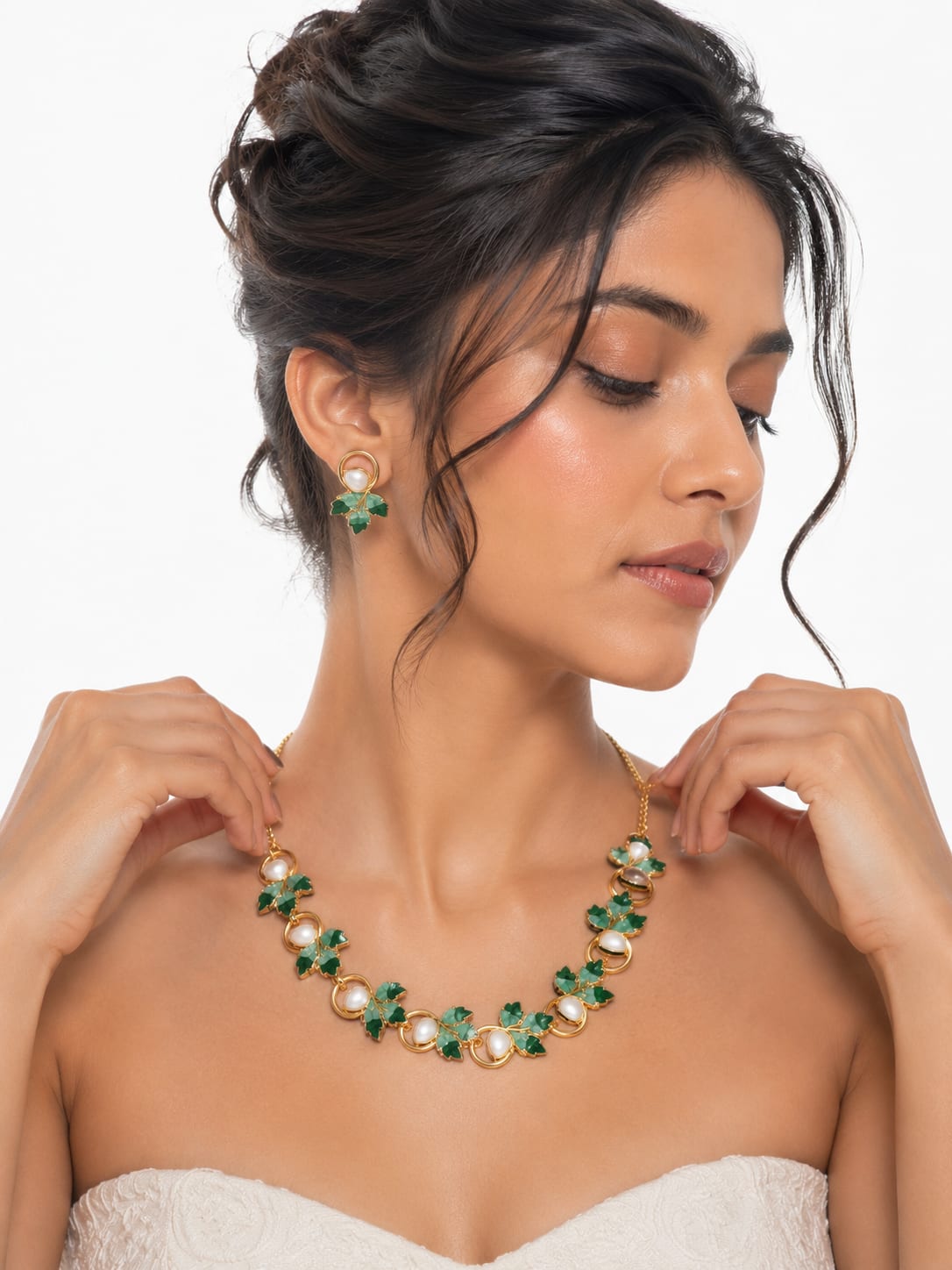 Green Leaf Pearl Necklace Set for Women | Shringarika, thumbnail 2