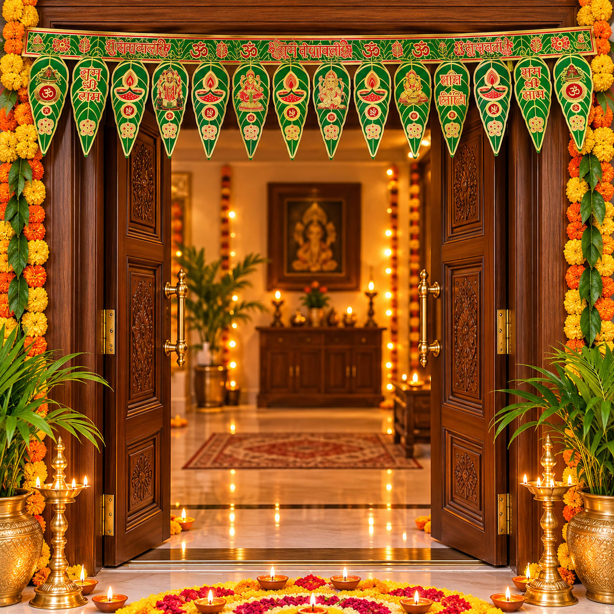 Green Shubh Labh Diwali Door Toran with Diya & Deity Design, thumbnail 2