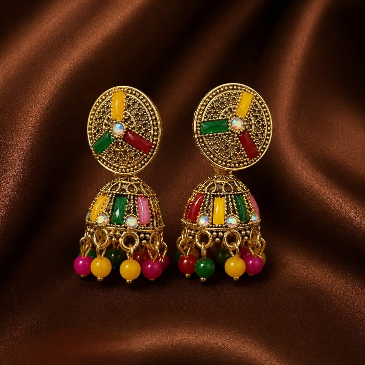 Shringarika Rangrez Multicolour Gold-Tone Designer Jhumka Earrings for Women, shop online in India