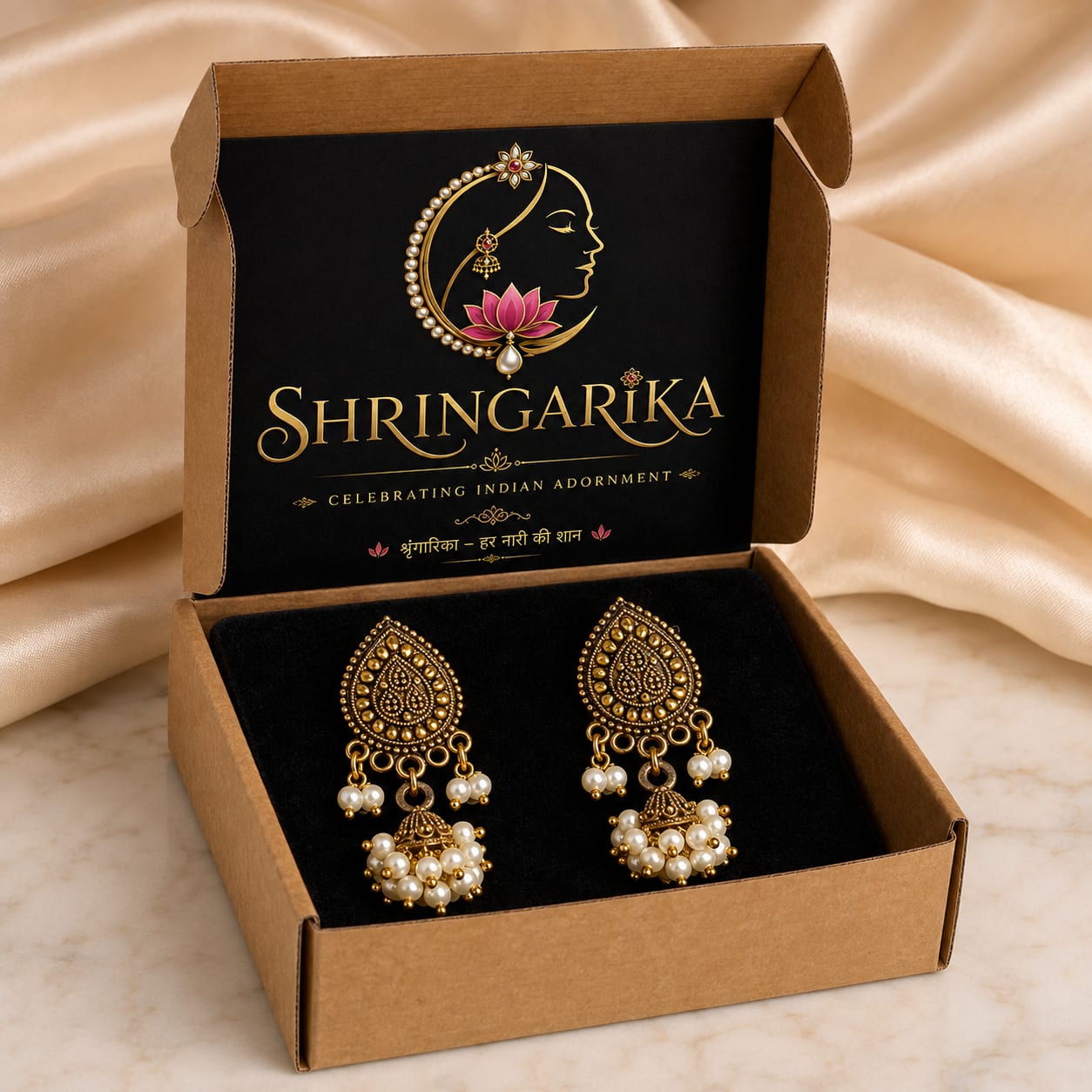 Shringarika Antique Gold-Tone Teardrop Jhumka Earrings with Pearl Beads for Women, thumbnail 4