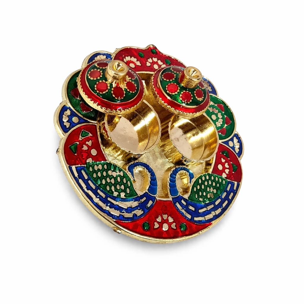 Shringarika Traditional Golden Kumkum Haldi Roli Chawal Platter Set, thumbnail 4
