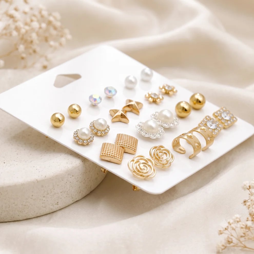 Shringarika by Dkautin Enterprises Assorted 9-Pair Golden Finish Fashion Earring Combo Set, thumbnail 2