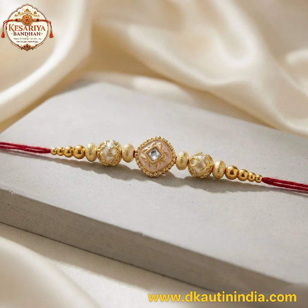 Golden Stone Beaded Rakhi for Brother | Kesariya Bandhan, thumbnail 2