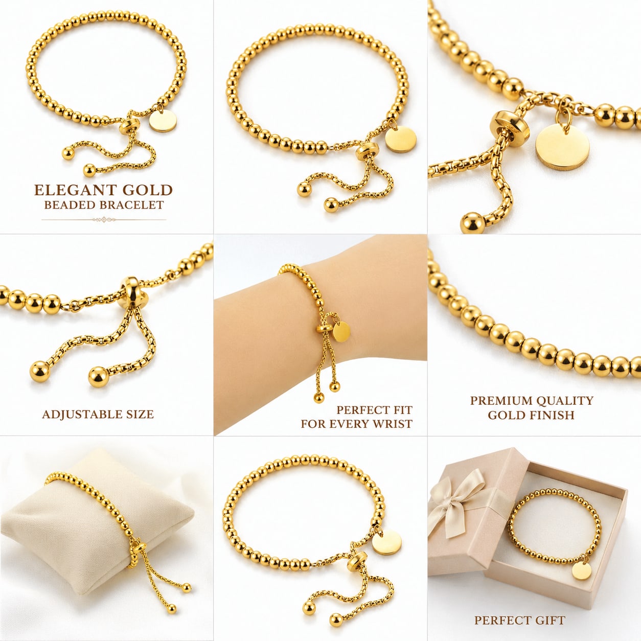 Gold Plated Adjustable Beaded Bracelet for Women & Girls | Stainless Steel Charm Bracelet | Pack of 1, thumbnail 2