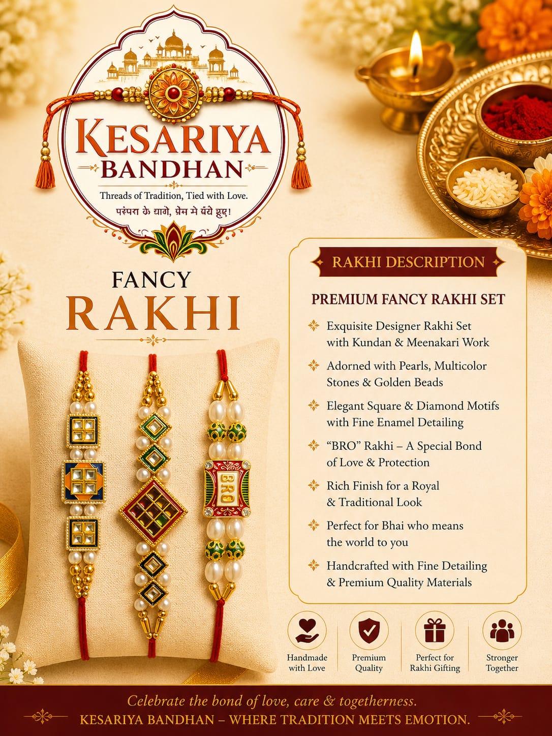 Kesariya Bandhan Premium Fancy Rakhi Set of 3 | Kundan, Meenakari & BRO Designer Rakhi Combo | Handcrafted Raksha Bandhan Rakhi for Brother — wholesale price India