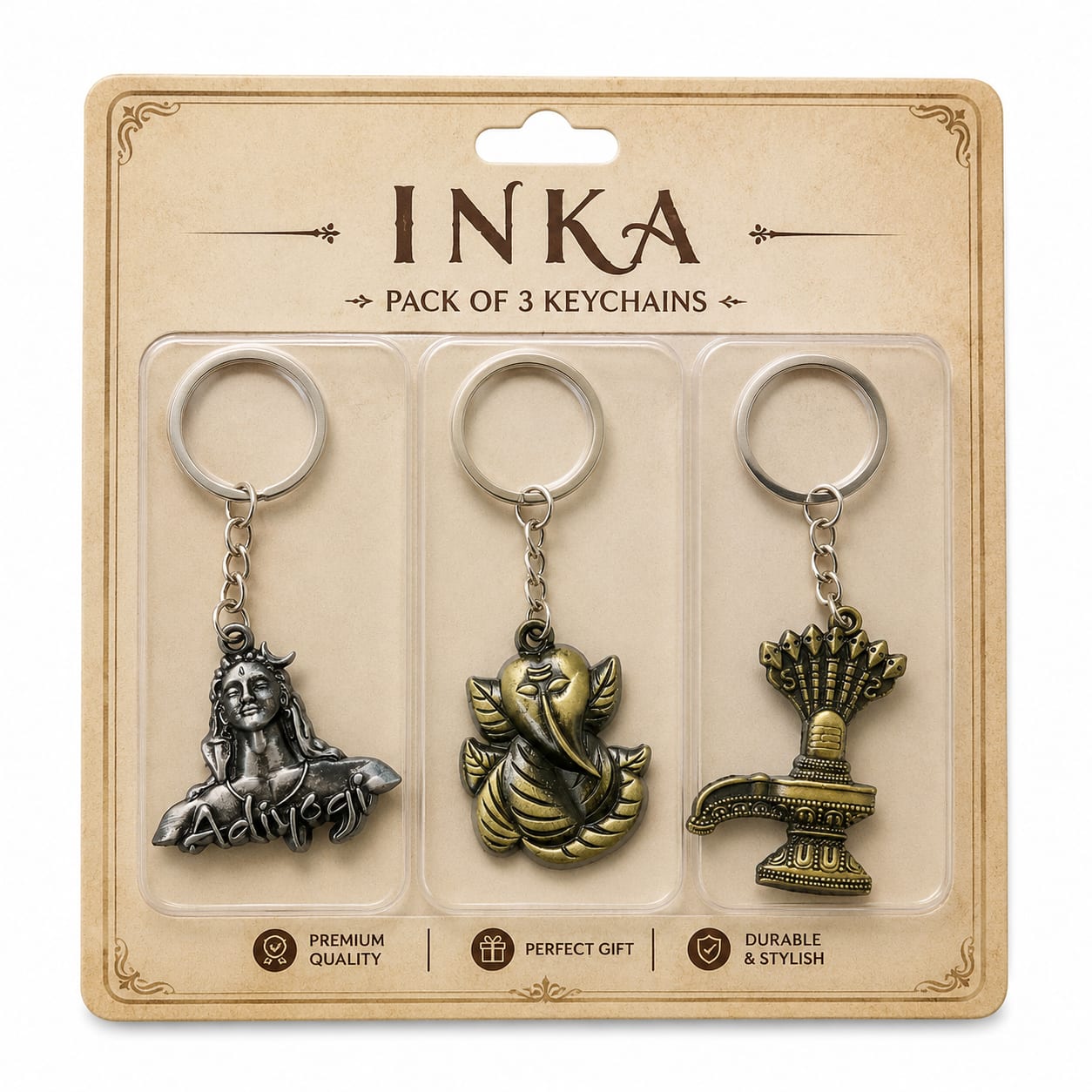 Pack of 3 Religious Metal Keychains | Adiyogi, Lord Ganesha & Shiv Ling Key Ring Set | Antique Finish Keychain for Car, Bike, House & Office Keys — wholesale price India