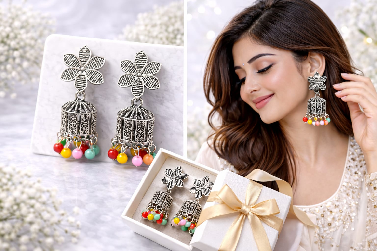 Oxidised Silver Plated Floral Jhumka Earrings for Women | Multicolor Beaded Ethnic Dangler Earrings, thumbnail 3