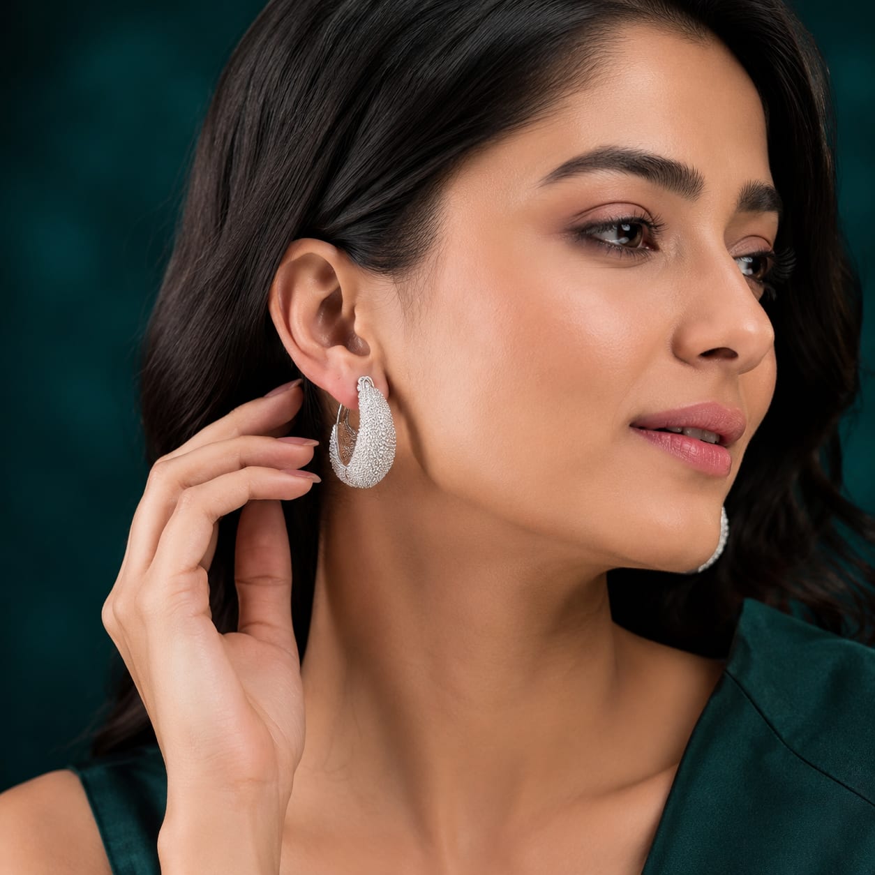 Shringarika Modern Textured Chrome-Plated Bali Hoop Earrings for Women by Dkautin Enterprises, thumbnail 2