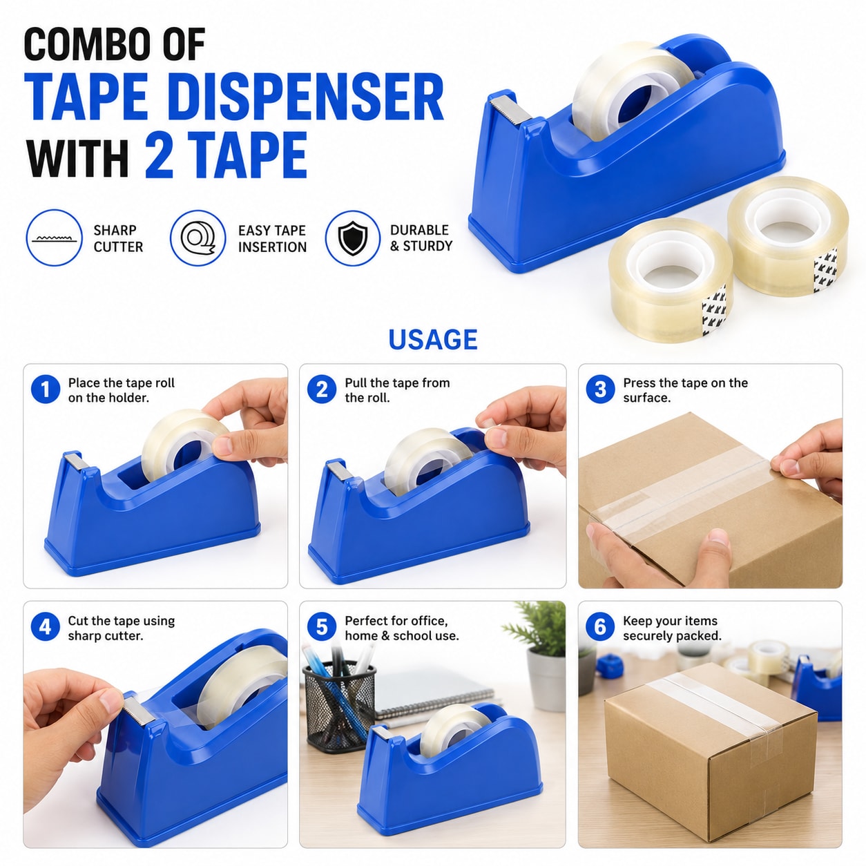 Tape Dispenser with 2 Clear Cello Tape Rolls Combo | Desktop Tape Cutter , thumbnail 2