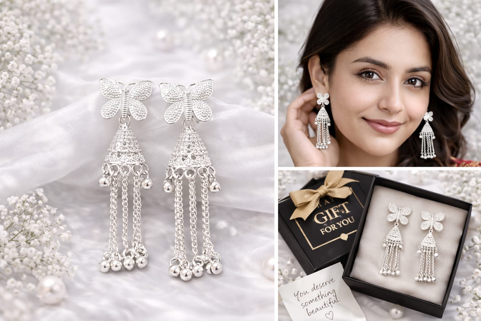 Silver Butterfly Tassel Earrings for Women | Crystal Stud Long Chain Drop Earrings | Party Wear Fashion Jewellery, thumbnail 2