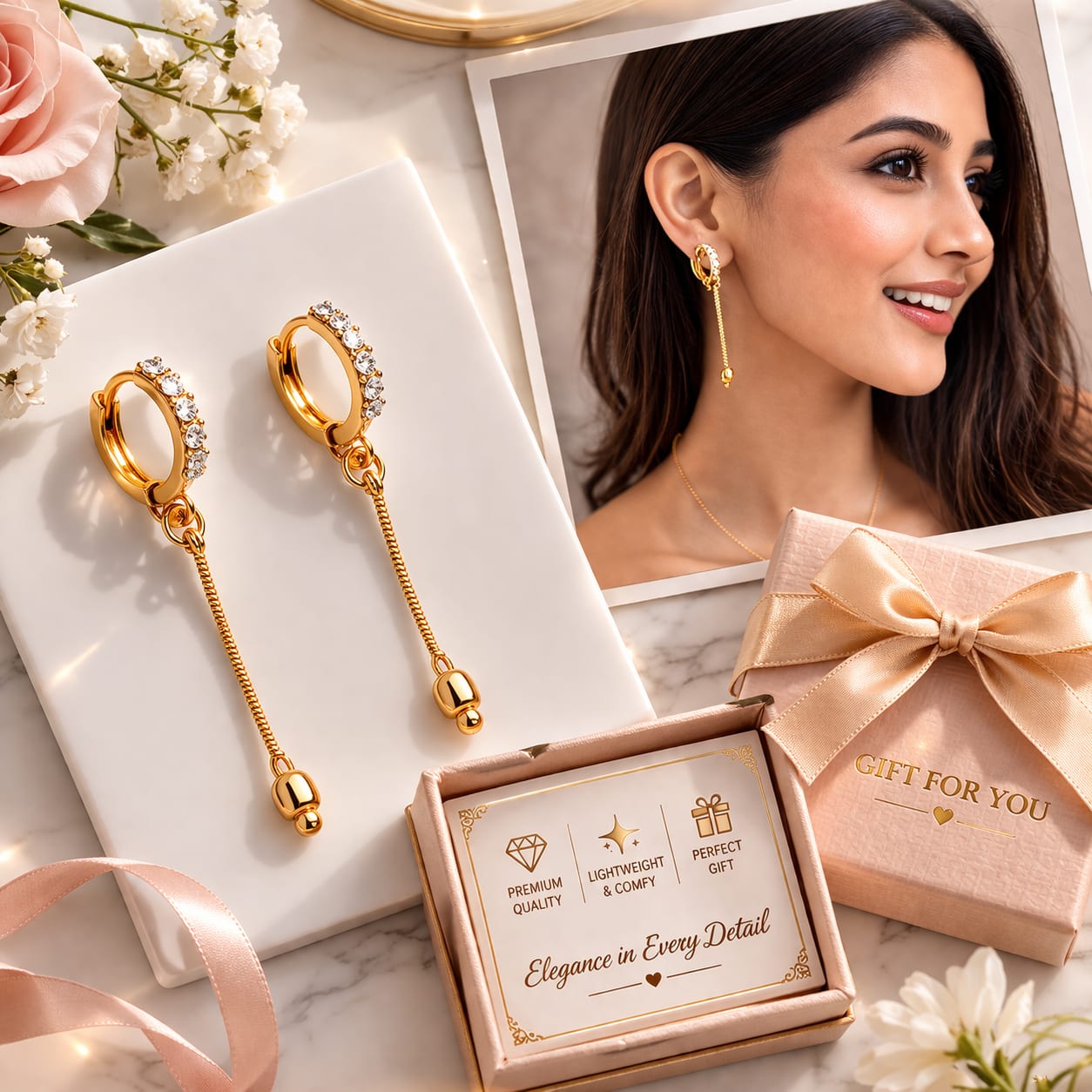Gold Plated Crystal Tassel Hoop Earrings for Women | Elegant Long Chain Dangle Earrings, thumbnail 2