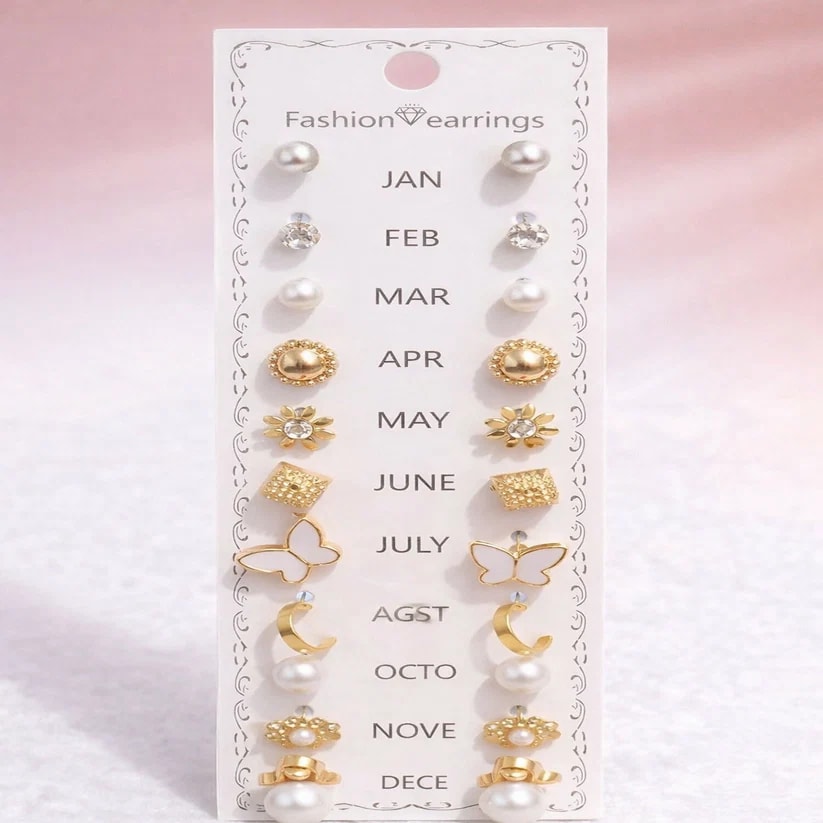 12 Pairs Monthly Fashion Earrings Set – January to December, shop online in India