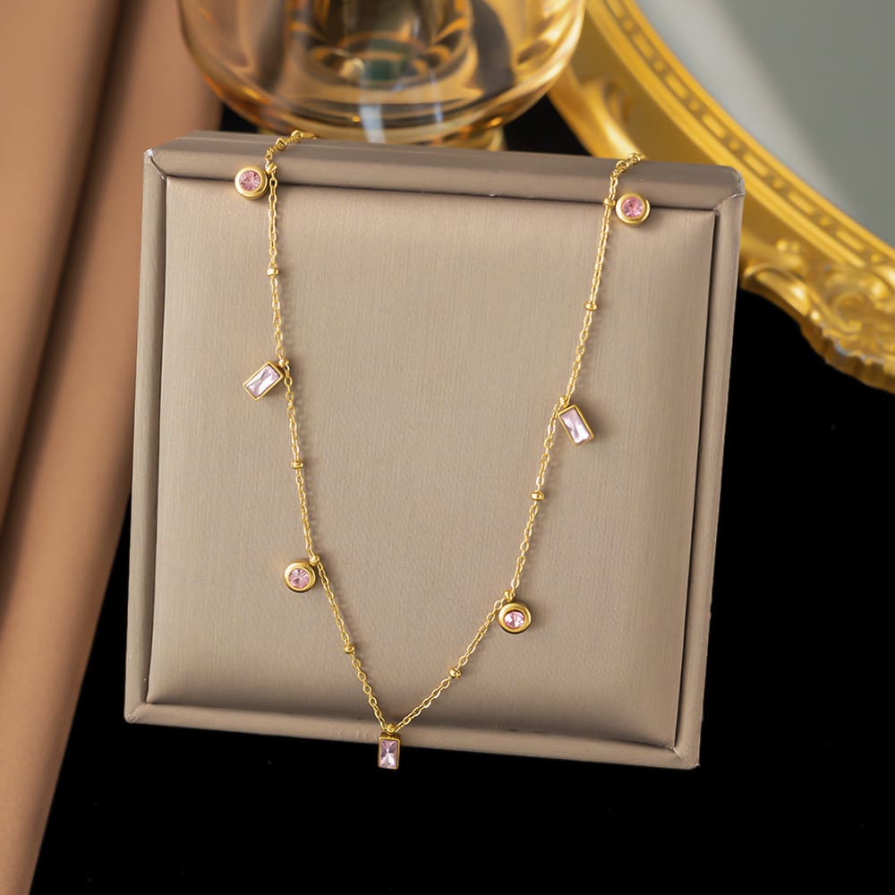 Gold Plated Pink Crystal Station Necklace for Women & Girls | Elegant Minimalist Fashion Chain | Pack of 1 — wholesale price India