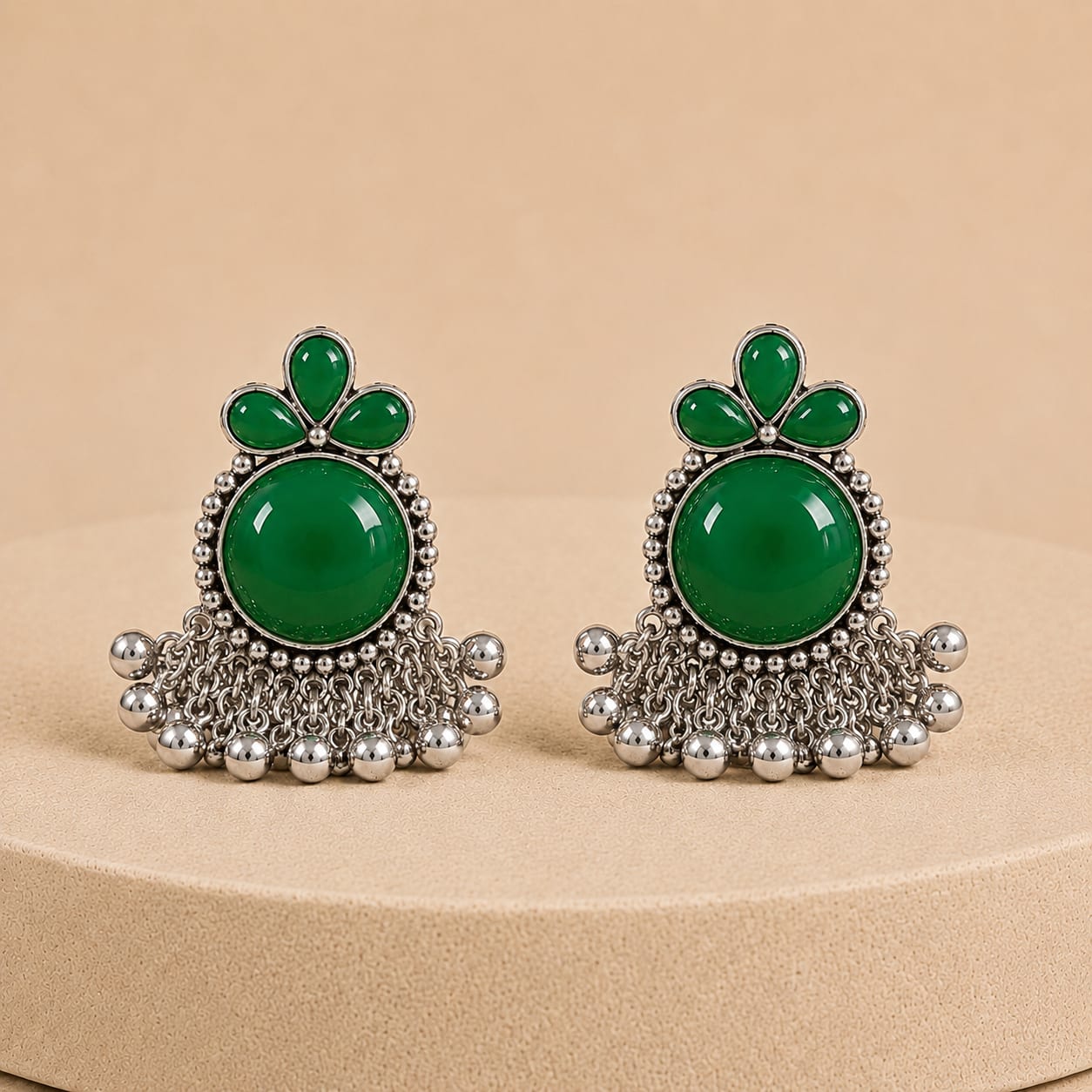 Shringarika Emerald Green Oxidised Silver Dangle Earrings, shop online in India