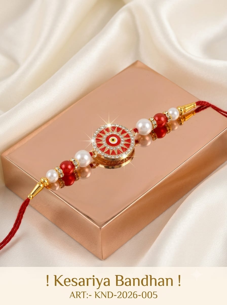 Kesariya Bandhan Premium Red Evil Eye Rakhi for Brother | Pearl & Crystal Designer Rakhi, shop online in India