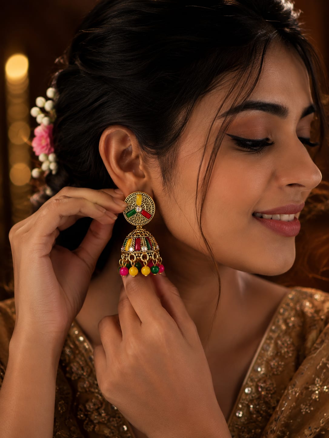 Shringarika Rangrez Multicolour Gold-Tone Designer Jhumka Earrings for Women, thumbnail 2
