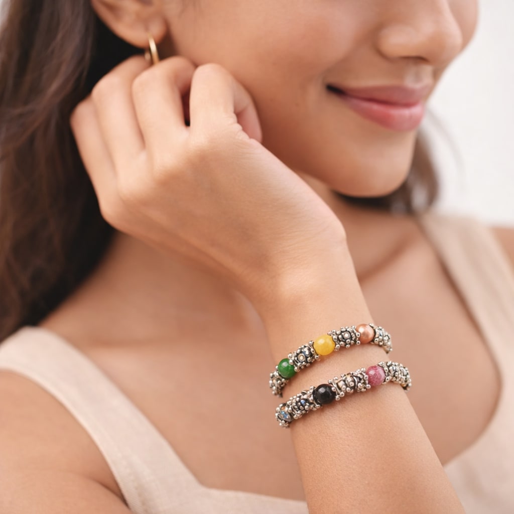 Shringarika Women's Bracelet Combo Pack of 2 | Rose Gold Crystal Bracelet & Multicolor Beaded Stretch Bracelet, thumbnail 2