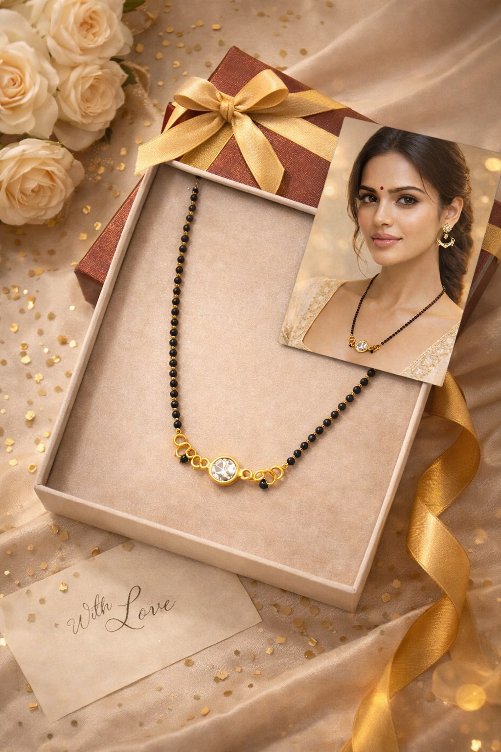 Gold Plated Solitaire Crystal Mangalsutra for Women | Minimalist Black Bead Traditional Necklace, thumbnail 2