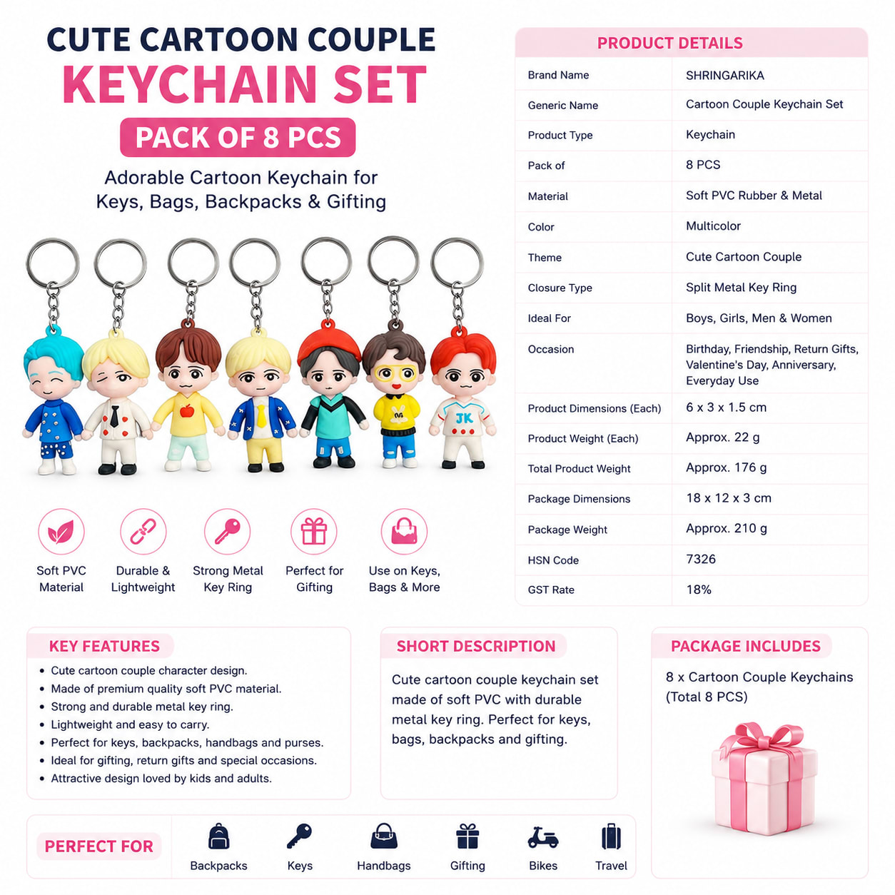 Cute Cartoon Couple Keychain Set for Boys & Girls | Soft PVC Hanging Key Ring for Keys, Bags & Backpacks | Pack of 8 Pieces, thumbnail 4