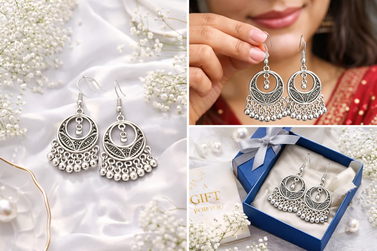 Silver Oxidised Circular Chandbali Earrings with Dangling Beads for Women & Girls, thumbnail 2
