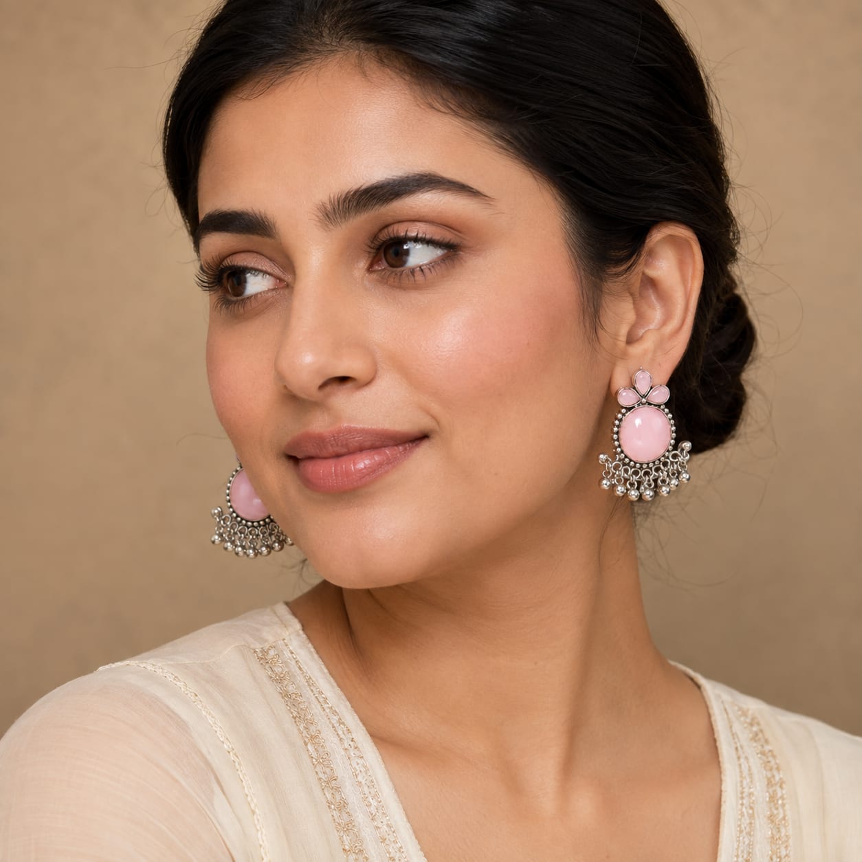 Shringarika Pink Stone Oxidised Ghungroo Earrings for Women, thumbnail 2