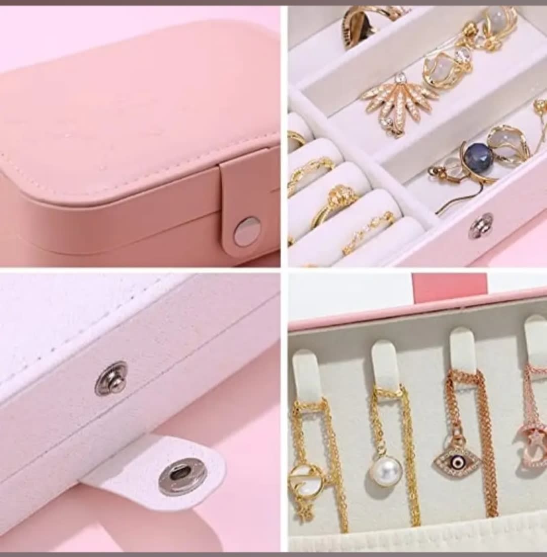 Portable PU Leather Travel Jewelry Organizer Box with Ring Holder, Earring Storage & Necklace Hooks | Pink | 1 Pc, thumbnail 4