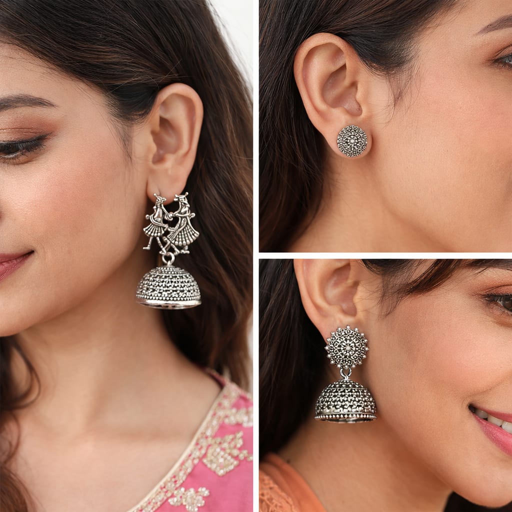 Shringarika Kashmiri Jhumka Combo Pack of 3 for Women & Girls | Oxidised Silver Traditional Earrings, thumbnail 4