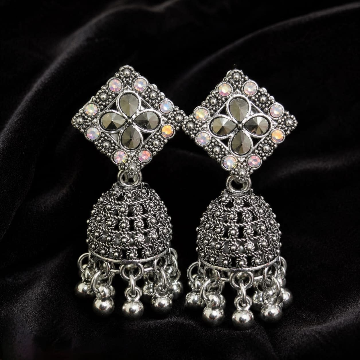 Oxidised Silver Floral Crystal Jhumka Earrings | Shringarika, thumbnail 2