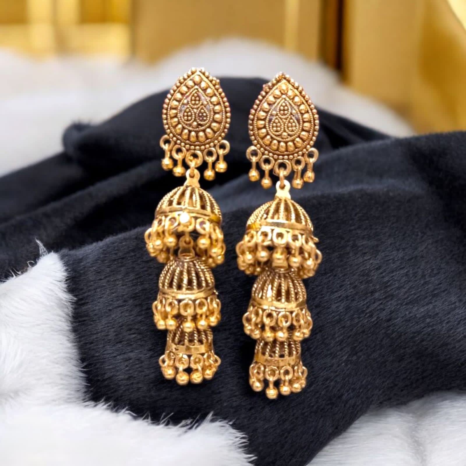 Shringarika Antique Gold-Tone Triple Layer Jhumka Earrings for Women, thumbnail 2