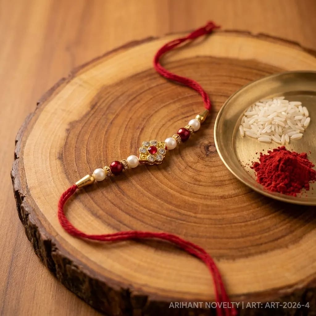 Kesariya Bandhan Premium Floral Stone Designer Rakhi for Brother | Pearl Bead Handmade Rakhi | Traditional Raksha Bandhan Rakhi — wholesale price India