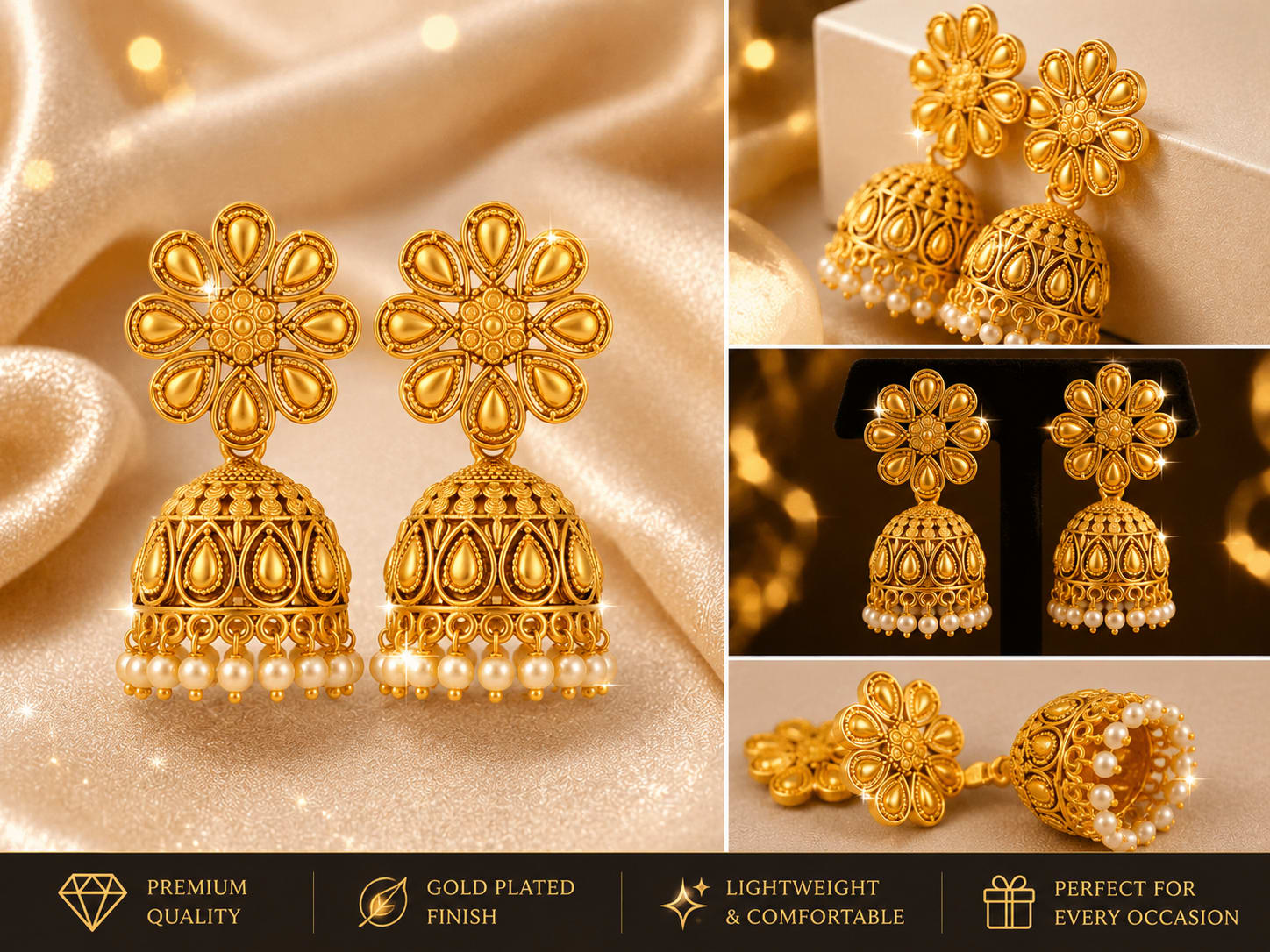 Gold Plated Floral Jhumka Earrings for Women & Girls | Traditional Ethnic Pearl Drop Earrings | 1 Pair, thumbnail 2