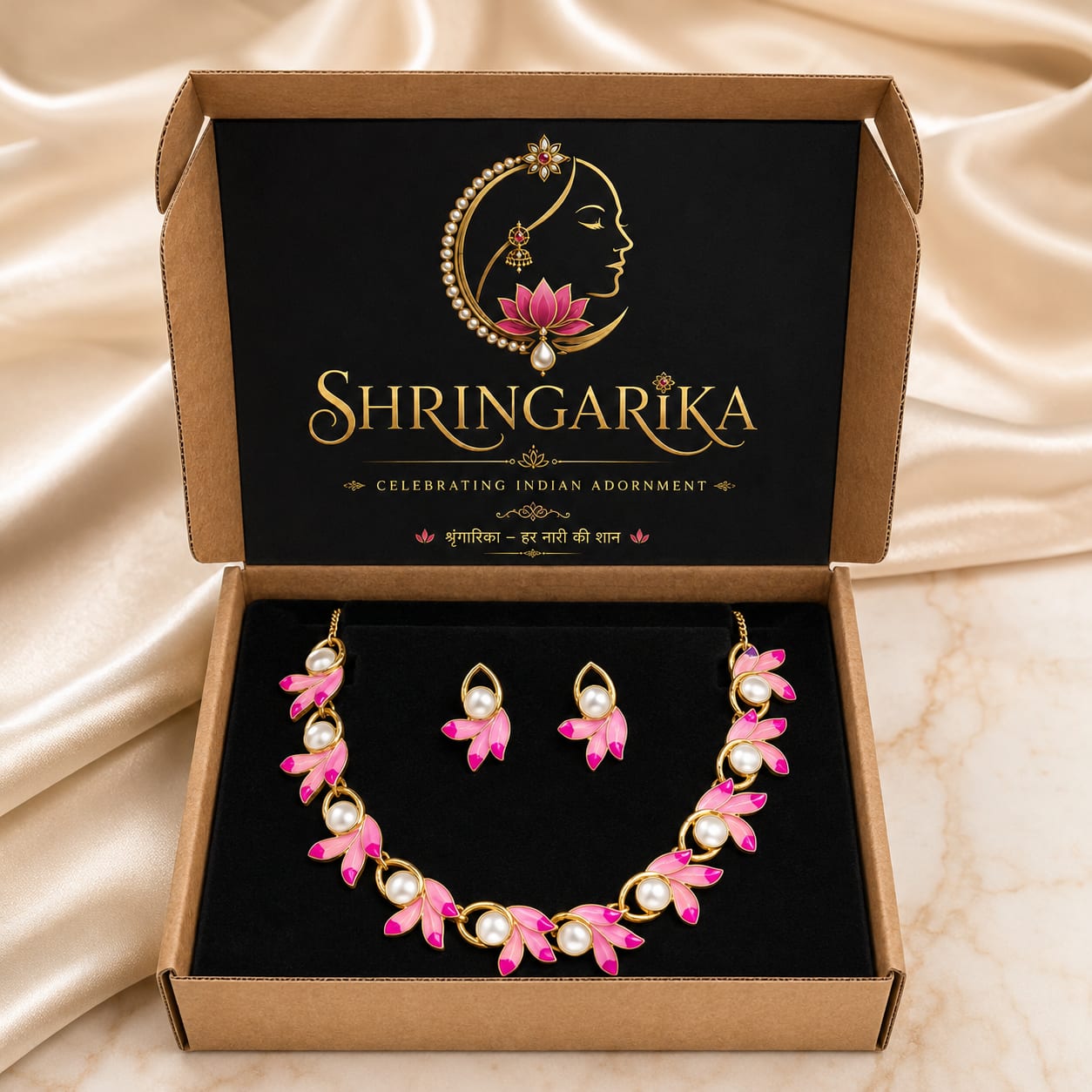 Shringarika Pink Leaf Pearl-Style Gold-Tone Necklace Set, thumbnail 3