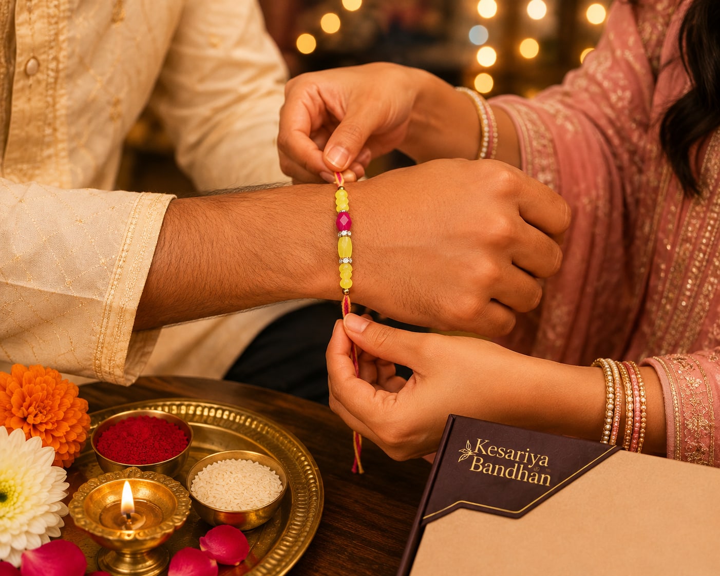 Designer Rakhi for Brother | Pink & White Premium Rakhi- Kesariya Bandhan, thumbnail 2