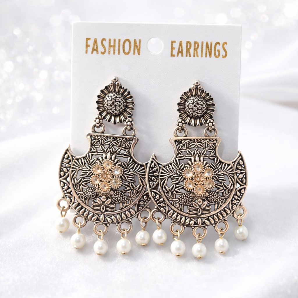 Oxidised Silver Pearl Chandbali Earrings for Women | Floral Statement Ethnic Drop Earrings, shop online in India