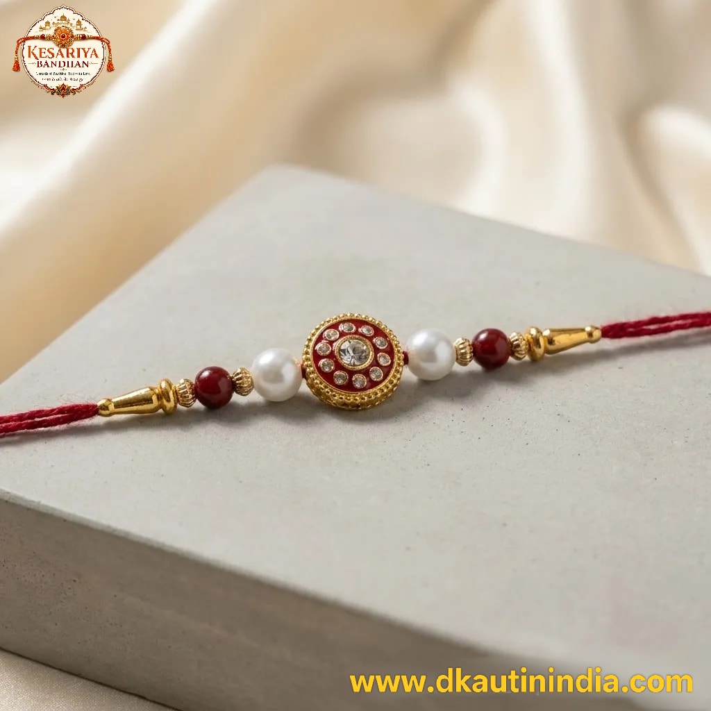 Premium Red Kundan Pearl Rakhi for Brother | Royal Designer Rakhi, thumbnail 2