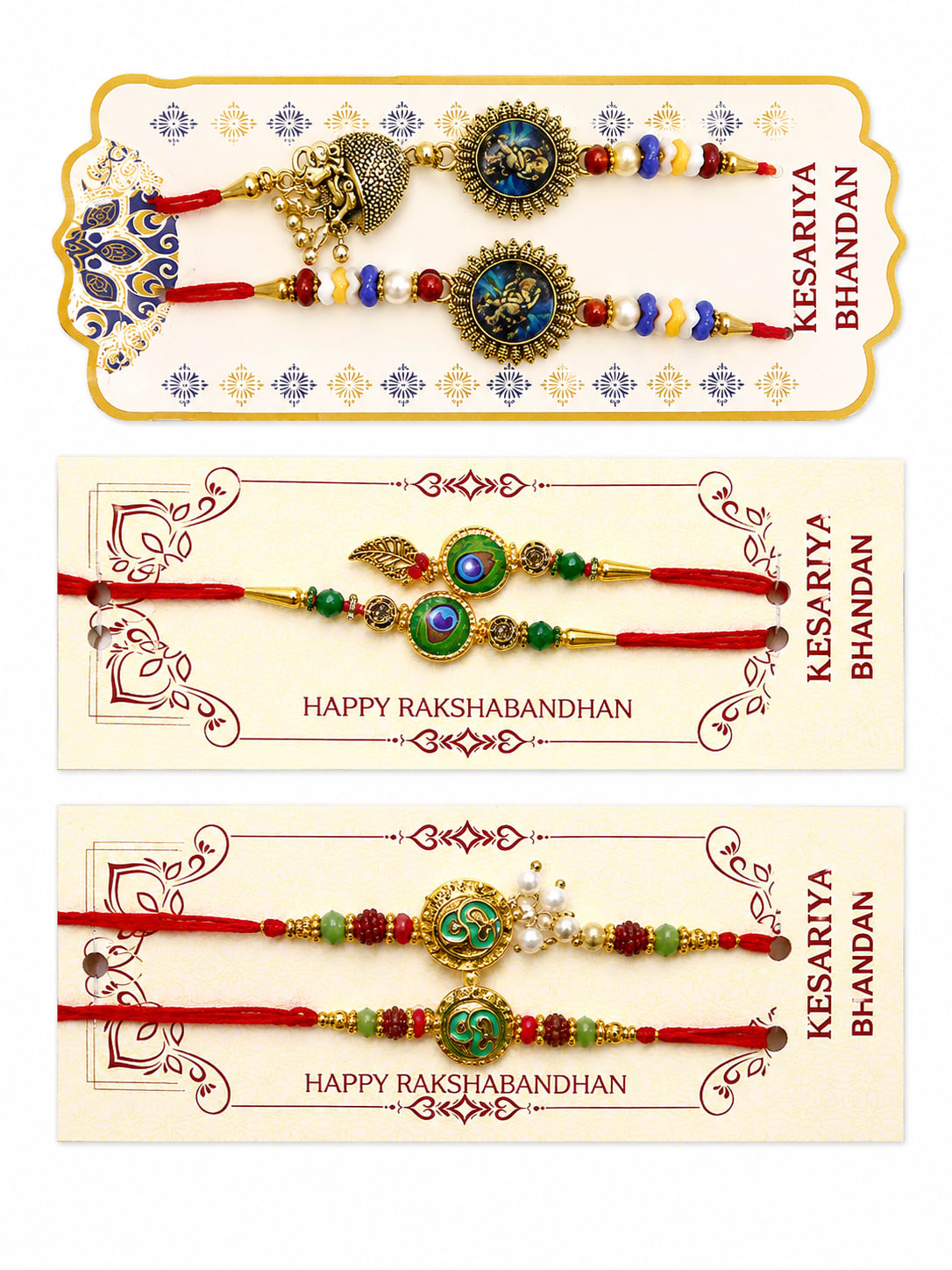 Kesariya Bandhan Premium Designer Rakhi Set of 6 | Krishna, Peacock & Om Fancy Rakhi Combo | Handcrafted Raksha Bandhan Gift for Brother — wholesale price India