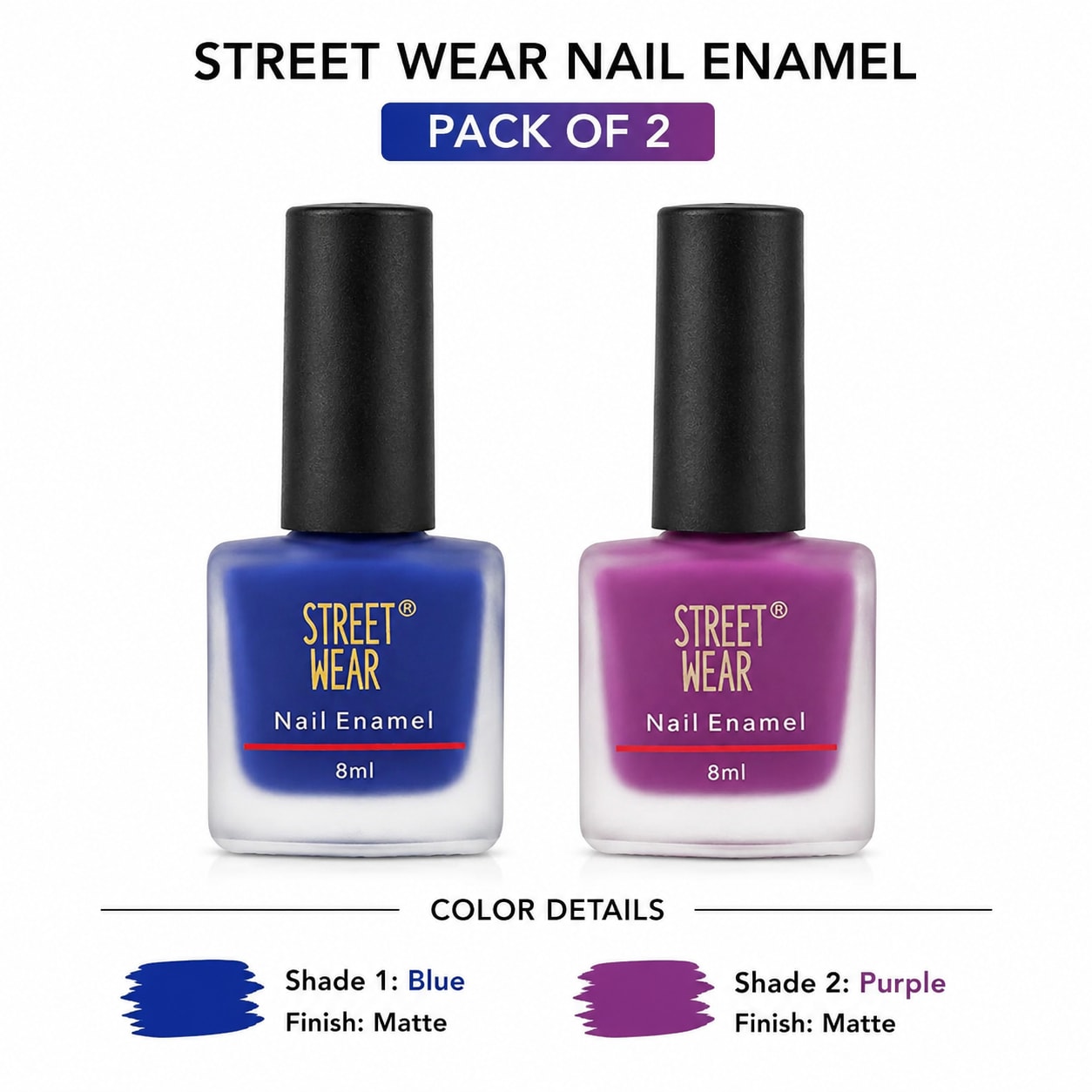 Street Wear Matte Nail Enamel Pack of 2 | Blue & Purple Shades | Long Lasting, Quick Dry Matte Finish | 8 ml Each | Nail Polish for Women — wholesale price India