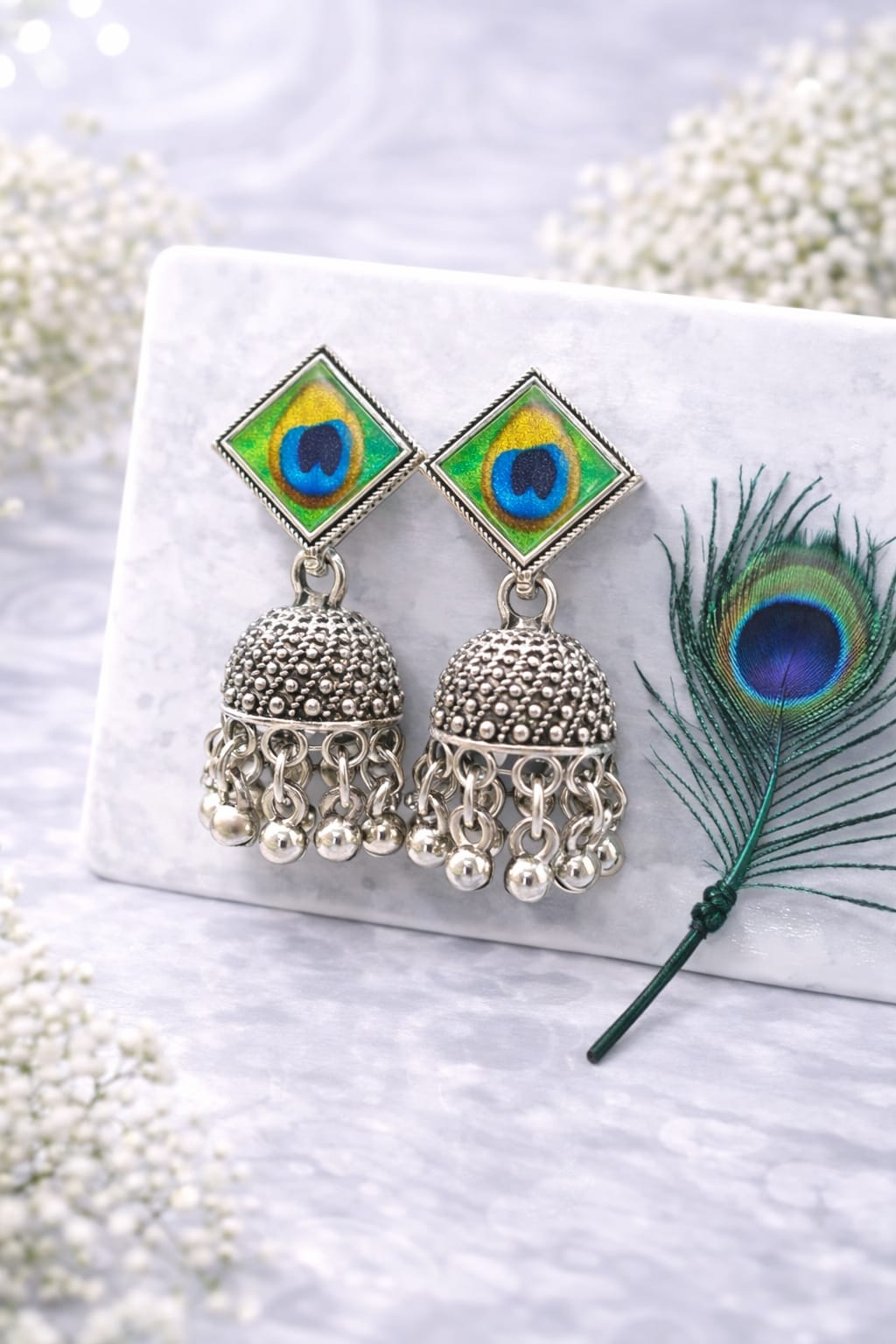 Oxidised Silver Plated Peacock Feather Jhumka Earrings for Women | Traditional Ethnic Dome Dangler Earrings, shop online in India