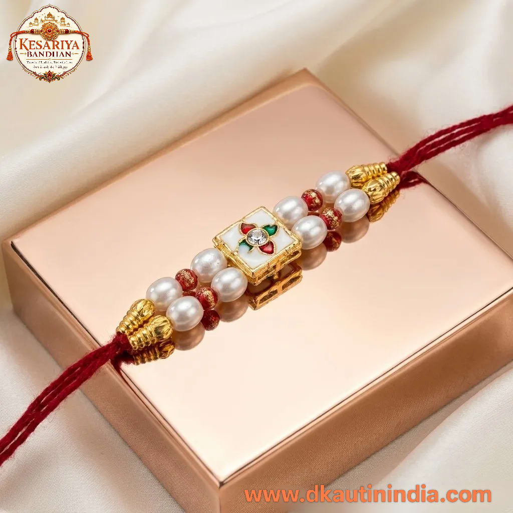 Premium Pearl Designer Rakhi for Brother | Red Thread Kundan Style Rakhi with Multicolor Centre, shop online in India