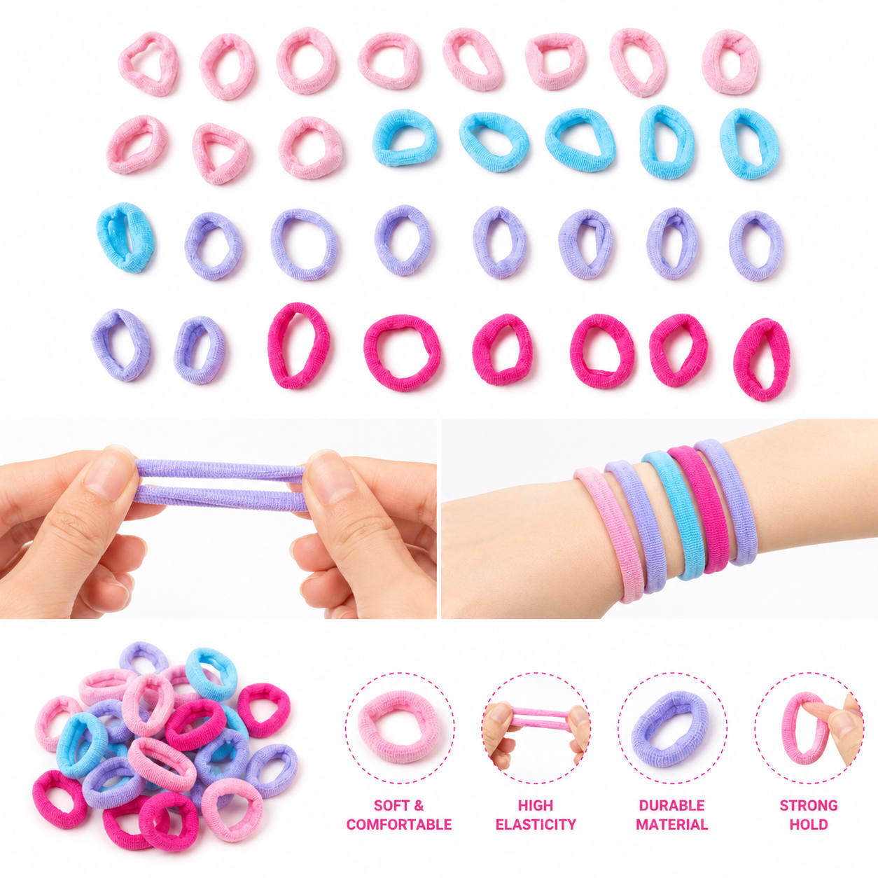 Kids Soft Mini Hair Rubber Bands for Girls | Multicolor Stretchable Elastic Ponytail Hair Ties | Pack of 40 — wholesale price India