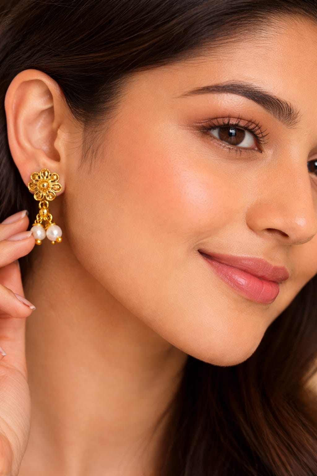 Traditional Oxidized Gold Flower Pearl Drop Stud Earrings for Women & Girls | Lightweight Ethnic Earrings | Pair of 1, thumbnail 2