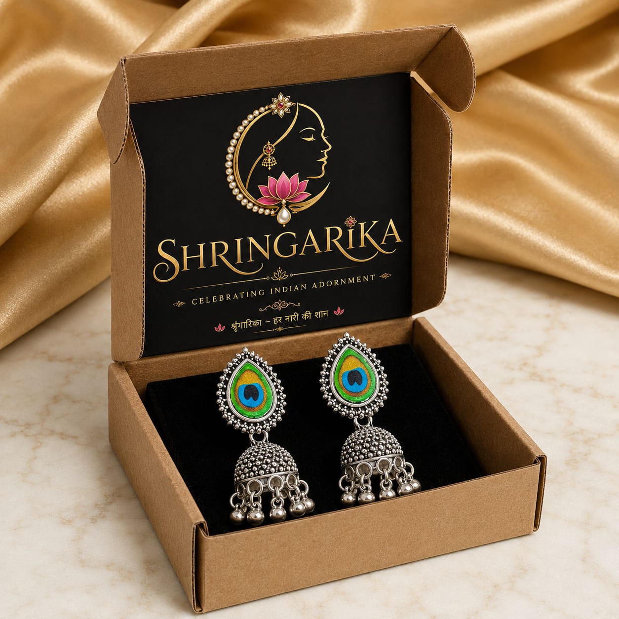 Oxidised Silver Plated Peacock Feather Jhumka Earrings for Women | Traditional Ethnic Dome Dangler Earrings, thumbnail 4