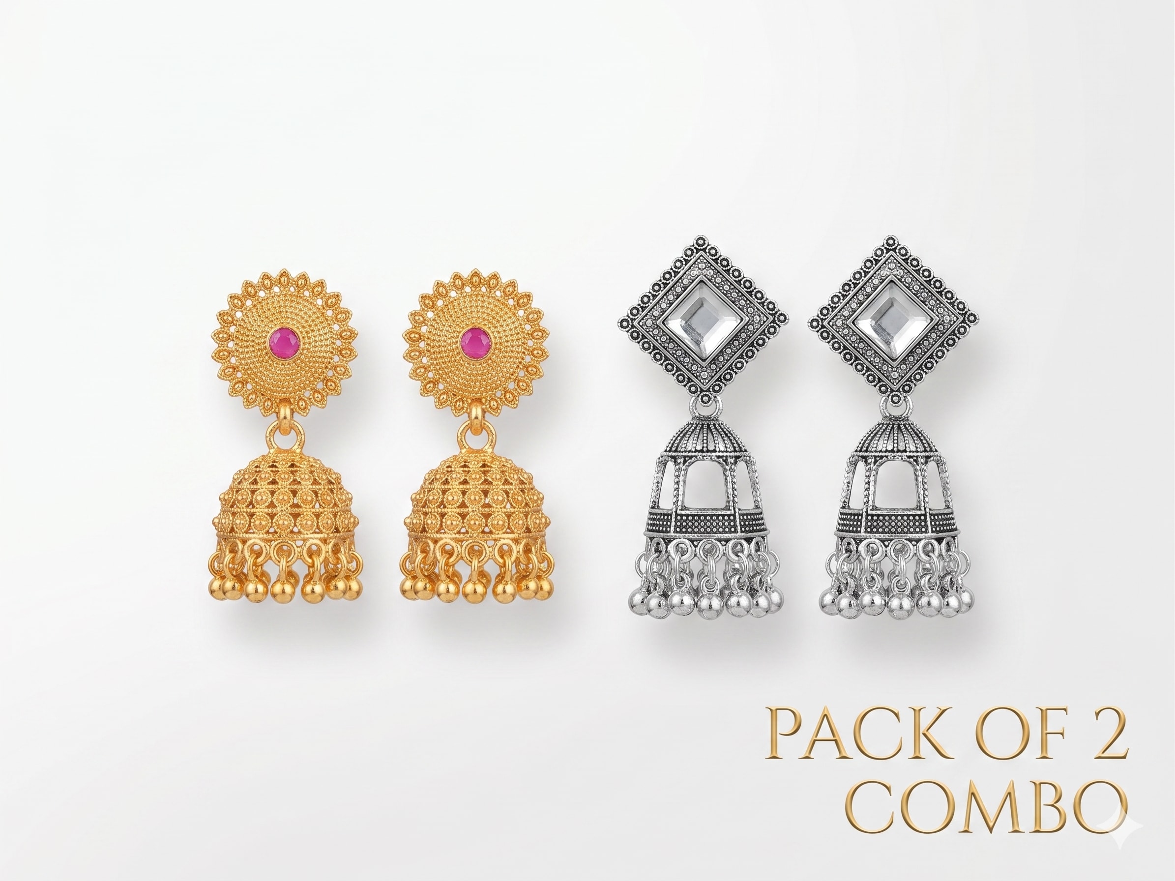 Pack of 2 Traditional Jhumka Earrings Combo for Women & Girls | Gold & Silver Oxidised Ethnic Earrings Set, thumbnail 2